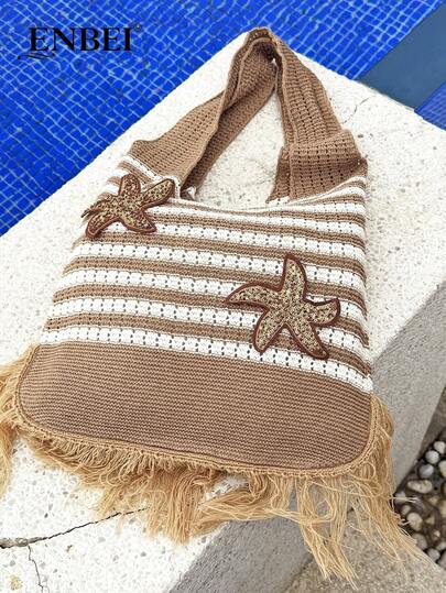  ENBEI New Summer Women's Vintage Vacation Style Starfish Beach Bag, Handmade Crochet Shoulder Strap, Large Capacity Tote Bag, Beach Bag, Women's Crochet Hollow Out Large Capacity Tote Bag, Cruise Essential, Vacation Essential, Travel Essential, Perfect Match With Beach Accessories, Perfect Match With Spring Outfits, Valentine's Day Gift, Mother's Day Gift