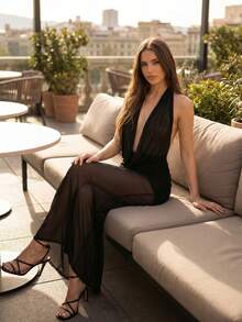 Women Mini Dress Set Summer Deep V-Neck Ruched Halter Neck Party Dress And Sheer Mesh Skirt For Streetwear - Black - View 2