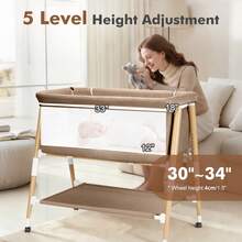 3 In 1 Baby Bedside Bassinet, Portable Travel Crib With Wheels,Adjustable 5 Height,Mattress,Mosquito Net,Basket,Carry Bag,Khaki - Khaki - View 2
