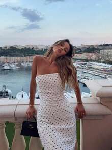 Women's Long Dress Stylish And Elegant Polka Dot Print Bandeau Slim Pleated Patchwork Hip Wrapping Sexy Summer Vacation Fresh Style Dress - 白色 - 查看 9