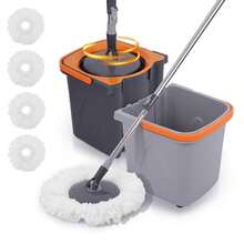 Easy Clean Rotating Mop Bucket Set With Stainless Steel Spin Drying Basket & 4 Ultra-Fine Fiber Pads For Deep Cleaning Floors And Walls Dual-Bucket Separation For Odor-Free Cleaning - 旋轉拖把套裝,含4個拖布 - 查看 8