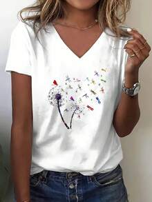 2026 Women V Neck Short Sleeve T Shirt White Dandelion And Dragonfly Print Casual Summer Top For Daily Wear - 白色 - 查看 1