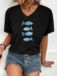 2026 V Neck T Shirt White Fish Pattern Summer Casual Wear - màu đen - Xem 1