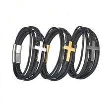 1条朋克十字架皮革手链，男士手工多层编织绳磁扣手链饰品 - 杏色 - 查看 1