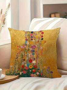 1pc Gustav Klimt Floral Golden Pillowcase - Double-Sided Bohemian Style Short Velvet Decorative Cushion Cover With Zipper Closure, Vibrant Floral Print For Living Room, Bedroom, Office - Machine Washable, 18x18, Bedroom Decor, Vintage Enthusiasts, Elegant Home Accessory, Durable Fabric - Yellow - View 5