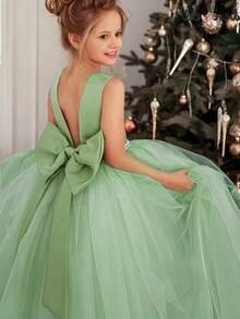 Tween Girl Elegant Bowknot Backless Deep V Mesh Princess Dress, Suitable For Birthday Party, Wedding, Flower Girl, Prom, Holiday Occasions - Mint Green - View 2