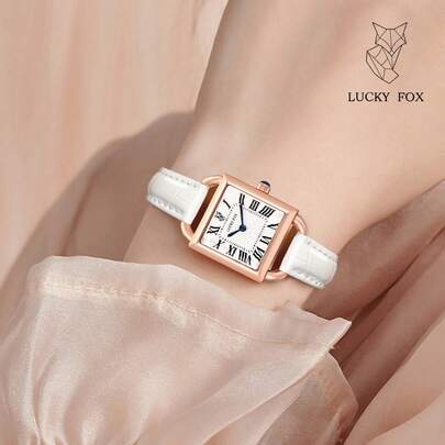 1块LUCKYFOX干电池供电极简方形表盘皮表带石英表，适合年轻人、学生佩戴，设计优雅简约，适合日常佩戴。