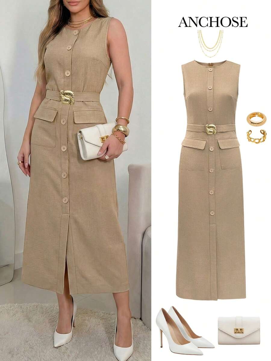 Women's Elegant Khaki Sleeveless Mid-Length Dress With Metal Waist Belt And Front Pockets, Fashionable Minimalist Design For Daily Commute, Spring/Summer - Khaki - View 1
