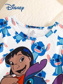 Disney 夏季女童莉萝与史迪奇可爱T恤短裤套装，史迪奇趣味卡通印花，弹力面料，适合儿童日常穿着，精美礼物 - 藍色 - 查看 3