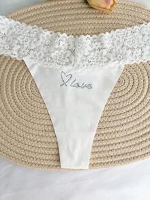 Customized Name Sparkling Crystal Alphabet Thong, Personalized Low-Waist Underwear, Sexy Lace Flower Heart Shaped Love Crystal Pattern, Breathable Ice Sliky Fiber Fabric Triangle Panties, Single Party Personalized Gift, Bride Wedding Customized Underwear, Couples Customized Gift, Personalized Gift For Girlfriend/Wife/Lover's Anniversary/Valentine's Day/Birthday/Marriage/Bedroom/Holiday - trắng - Xem 3