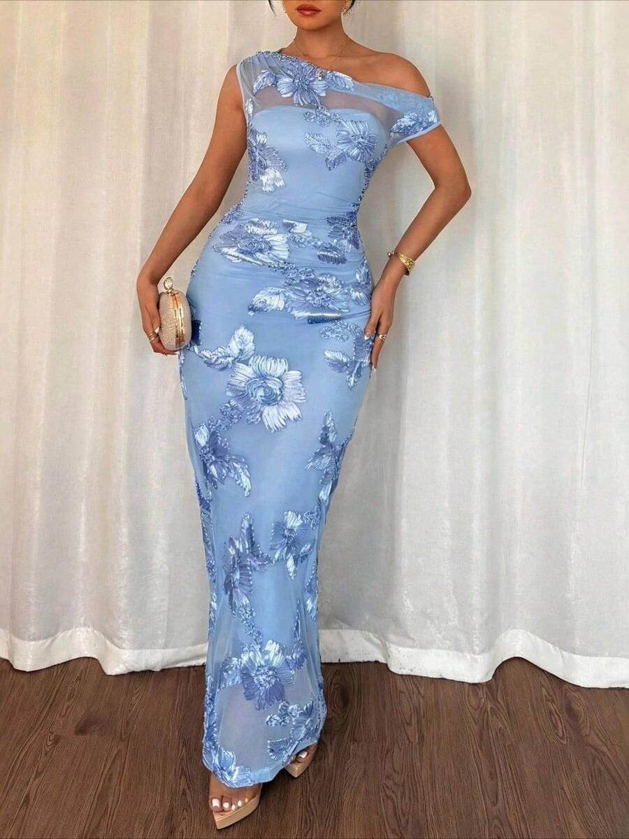 Elegant Lace Jacquard Dress For Women, Garden Tea Party Dress, Fashionable And Casual Long-Sleeved Wrap-Around Dress With A Slanting Collar - Màu xanh lam - Xem 1