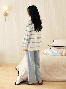 2pcs/Set 2026 Spring & Autumn Women Cotton Blue Striped Long Sleeve Pajama Set - Baby Blue - View 2