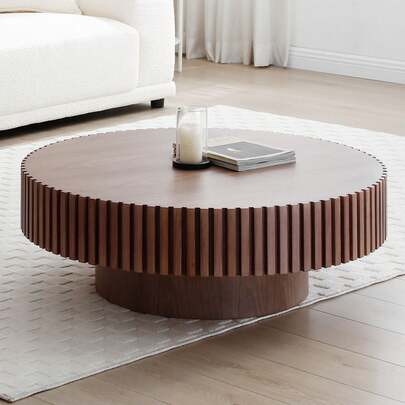 39.37" Round Coffee Table Wood, Modern Unique Circle Coffee Table, Contemporary Drum Fluted Coffee Table Accent End Side Table Center Table For Living Room, Small Space, Apartment