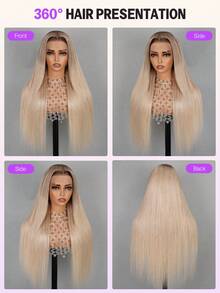 MEGALOOK Ash Gold Deep Root 13x4 Lace Frontal Straight 100% Human Hair Transparent Lace Skin-Melting Micro Knot Lace Frontal 180% Density Long Women's Wig - S613 - View 4