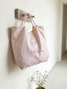 Customizable Personalized Name Retro Striped Handbag With Name Logo And Floral Text, Underarm Tote Bag, Retro Striped Canvas Handbag, Lightweight And Large Capacity Casual Fashion - Multicolor - View 8