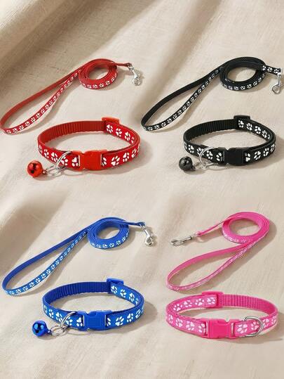 可调节猫项圈，配有可爱爪印吊坠和牵引绳套装 - 柔软宠物项圈，适合小型犬猫，粉色和蓝色可选，轻便宠物配件，适合幼猫幼犬，时尚宠物用品，尼龙牵引绳配有金属扣，爪印设计宠物配件