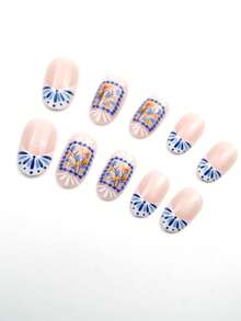 Bộ 24 miếng dán móng tay ngắn hình bầu dục họa tiết hoa, phù hợp cho các cô gái sành điệu, phụ nữ công sở, dự tiệc, hẹn hò, mặc hàng ngày và các ngày lễ. - Nhiều màu - Xem 2