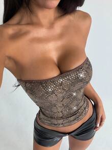 女士时尚蛇纹亮片无肩带上衣，女士简约复古豹纹吊带背心，夏季沙滩装 - 咖啡棕 - 查看 3