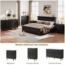 Mesita de noche moderna acanalada con 3 cajones, mesita de noche compacta de madera negra con espacio de almacenamiento, mesa auxiliar minimalista para dormitorio, sala de estar, dormitorio, apartamento. - Negro - Ver 5