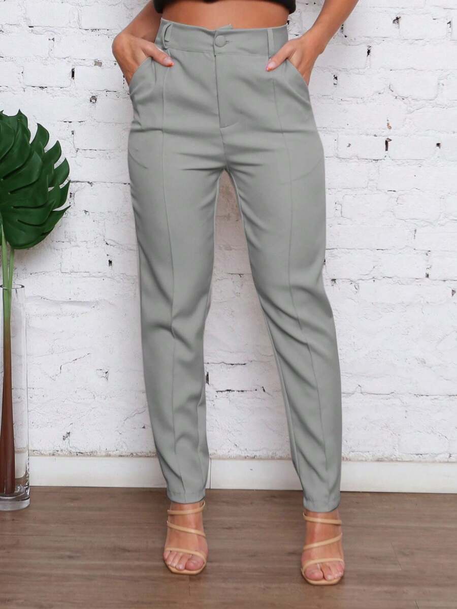 EMILI MODA/Roupas Femininas/ Calça/ alfataria/ com bolso/com botão e zíper/ plissado. - Cinza - Visão 1