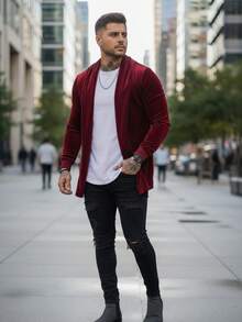 Men's Slim Velvet Cardigan - Essential Autumn/Winter - Rojo Borgoña - Ver 1
