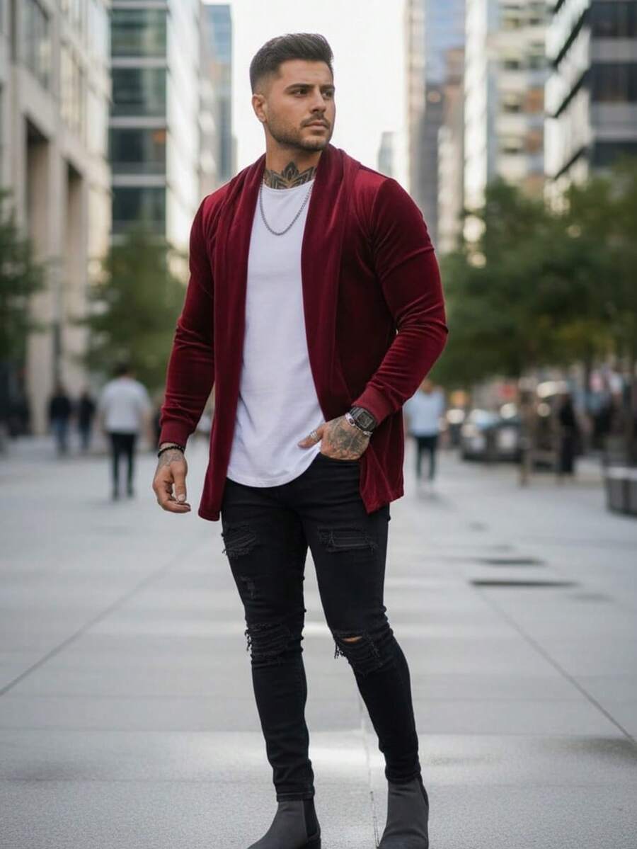 Men's Slim Velvet Cardigan - Essential Autumn/Winter - Rojo Borgoña - Ver 1