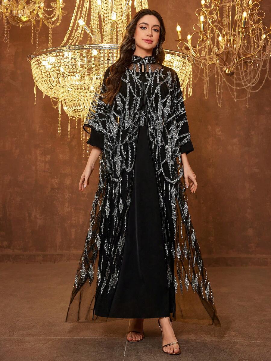 SUPGIR [Random Print] Women's Long Sleeve Sequin Patchwork Waist Tie Evening Dress - Black - View 1