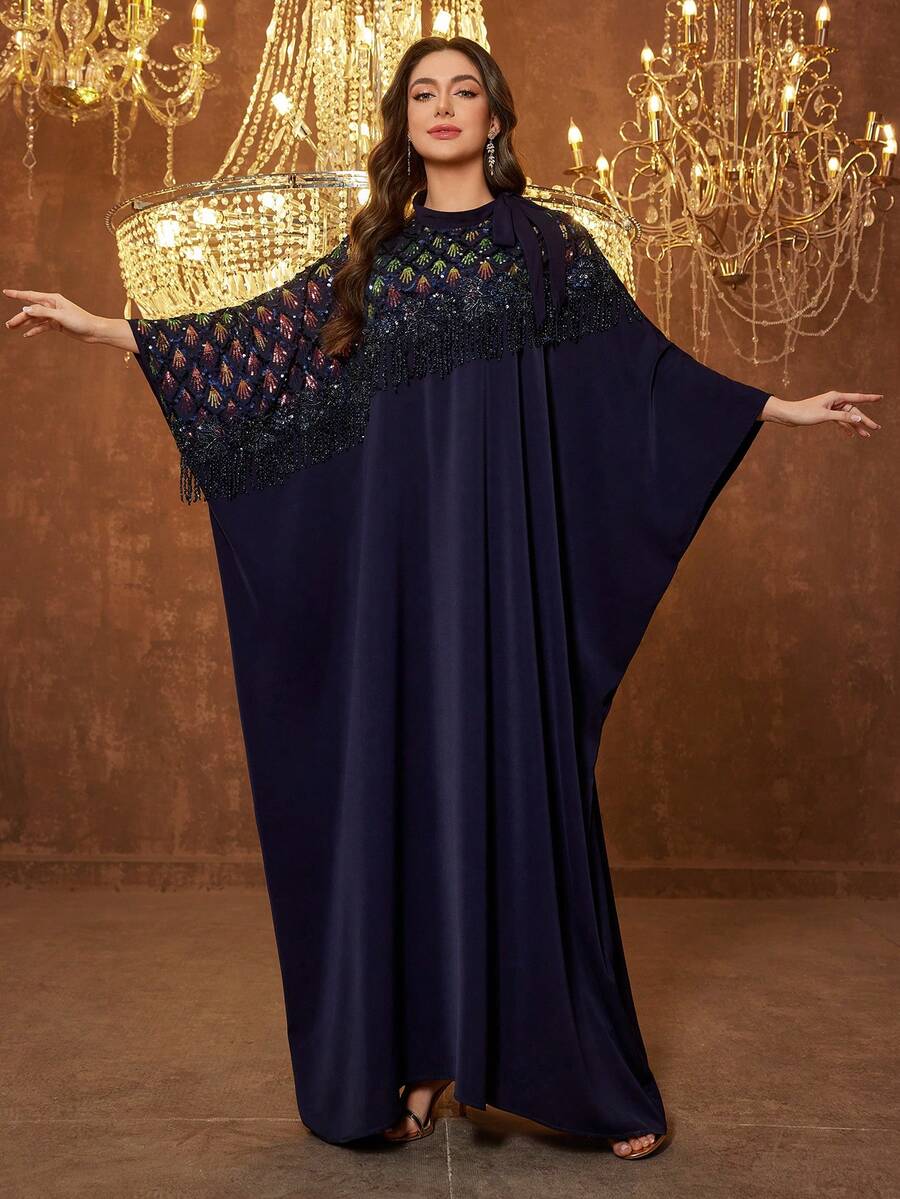 UNITHORSE 立领长袖贴花流苏优雅连衣裙 - 藏蓝色 - 查看 1