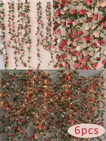 45头花藤，250厘米，6条，丝绸材质，适用于桌面摆设、室内家居装饰、婚礼装饰、楼梯装饰、餐厅、客厅、卧室装饰