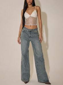 Women's Sequin Spaghetti Strap Cropped Camisole - Shimmery Semi-Sheer Sleeveless Tank Top Suitable For Party, Nightclub, Summer Street, Y2K Style Casual Wear, Weekend Gatherings, Stylish Outfits And Daily Wear, Vacations, Plain Outfits - Yellow - View 7