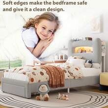 Marco de Cama LED Completo con cabecera de Almacenamiento de 2 Niveles, Plataforma tapizada con estación de Carga y cajón, Soporte de Metal, no Necesita somier, Gris - Tipo de Enchufe B USA (110-127V) - Ver 5