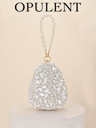 1pc White Floral Beaded Crossbody Bag, Vintage Chain Strap Evening Clutch, Bridesmaid Party Bag, Sequin Bag, Prom Dress Accessory, Novelty Bag, Wedding Supplies, Women's Gift, Christmas Bag, Valentine's Day Bag (Pattern Random), Valentine's Day Gift