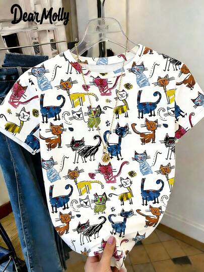女士彩色猫咪卡通印花T恤，休闲圆领短袖不透明几何图案上衣，适合春夏休闲装