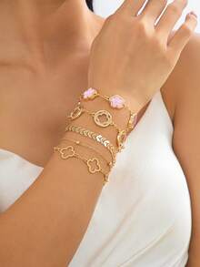 5pcs/Set Classic Hollow Rhinestone Clover & Airplane Chain Bracelets For Women, Pink Lucky Leaf Versatile Stackable Bracelet Set (No Gift Box. Due To Handmade Cutting, Bead Chain Quantity Is Random But Fixed Length, Won't Affect Wearing Effect) - Pink - View 3