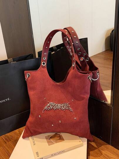 1pc Black Y2K Retro Shoulder Bag, Underarm Bag With Metal Rivet Wing Decor, PU Material Fashion Vintage Crossbody Bag, Suitable For Women Shopping, Daily Use, Halloween Gift