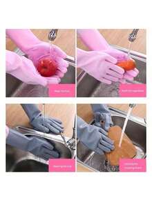 1 Pair Kitchen Silicone Dishwashing Gloves, Housework Cleaning Waterproof Insulation Magic Gloves, Dishwashing Brush, Dishwashing Gloves For Household Chores, Household Dishwashing Artifact, Waterproof,Kichen Essential,Pet Washing Gloves,Pet Grooming Gloves For Bathing And Hair Removal, Dogs And Cats Bath Shampoo Brush, Soft And Durable Silicone Scrubber Glove - Multicolor - View 3
