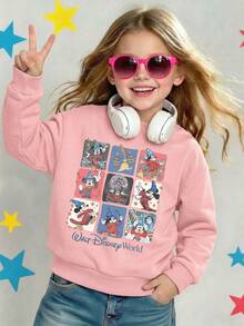 Disney World Sorcerer Mickey Mouse Fantasia Retro 9-Grid Comfortable Print Young Girls' Long Sleeve Sweatshirt, Suitable For Autumn/Winter, Lightweight And Cozy, Great For Layering In Fall, Fashionable Casual Wear, Graphic Design, Back To School Season, Autumn, Back To School Party, Suitable For Outdoor Picnic, Street Photography, Home, Campus, Holidays, New Year Gift - Hồng - Xem 2
