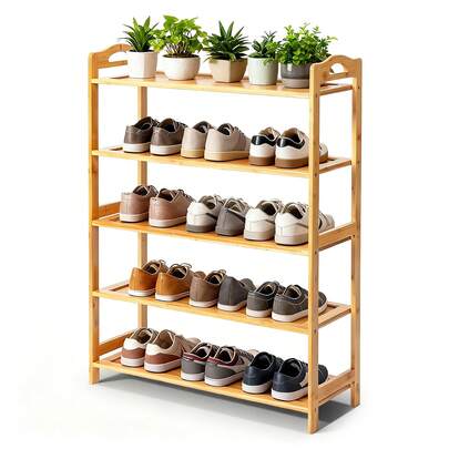 Estantería de bambú plana de 5 niveles, 68*25*89cm, color natural de madera