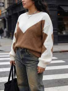 Áo len dệt kim phối màu cỡ lớn dành cho nữ, màu trắng kem và màu be, dáng rộng, cổ chữ V, thích hợp cho mùa thu/đông. - trắng - Xem 5