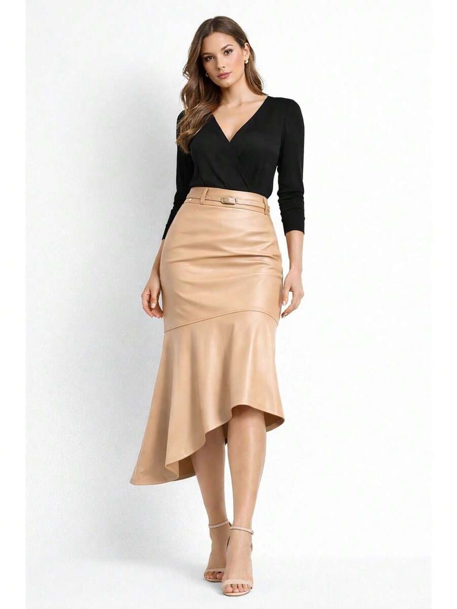 Sophisticated Midi Skirt With Asymmetrical Cutout. Does Not Include An Elegant Belt. Features An Asymmetrical Ruffled Hem. Zipper Closure. Suitable For Formal And Evening Wear. - Beige - View 1