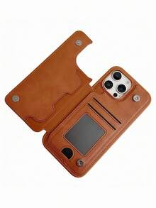 奢华仿皮钱包式手机壳，带卡槽和支架，兼容 17 Pro Max、6 Pro、15、14、13、12，翻盖钱包式设计，防震保护套 - 淺棕色 - 查看 4