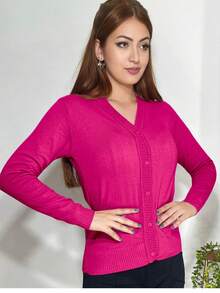 Women's Linen Knit Cardigan With Button Closure - Hot Pink - View 3