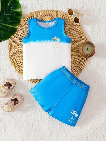2pcs/Set Baby Boys Casual Palm Tree Slogan Print Round Neck Vest And Shorts Set, Suitable For Outdoor, Vacation, Leisure, Sports In Summer