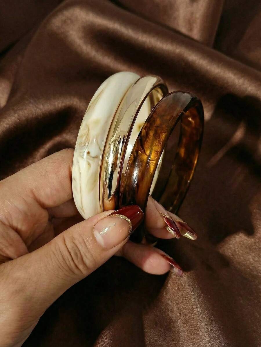 LADYCOCO Bộ 3 vòng tay phong cách cổ điển màu nâu kèm vòng tay mạ vàng cho nữ - Nhiều màu - Xem 1