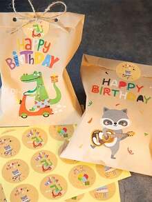 生日快乐或感谢牛皮纸袋，可爱彩虹恐龙生日快乐礼品袋，复古花朵派对礼品袋，糖果饼干用品，购物袋，派对袋，婚礼生日派对礼品袋，手工手提袋，派对礼物，生日装饰，派对礼物装饰 - 彩色 - 查看 6