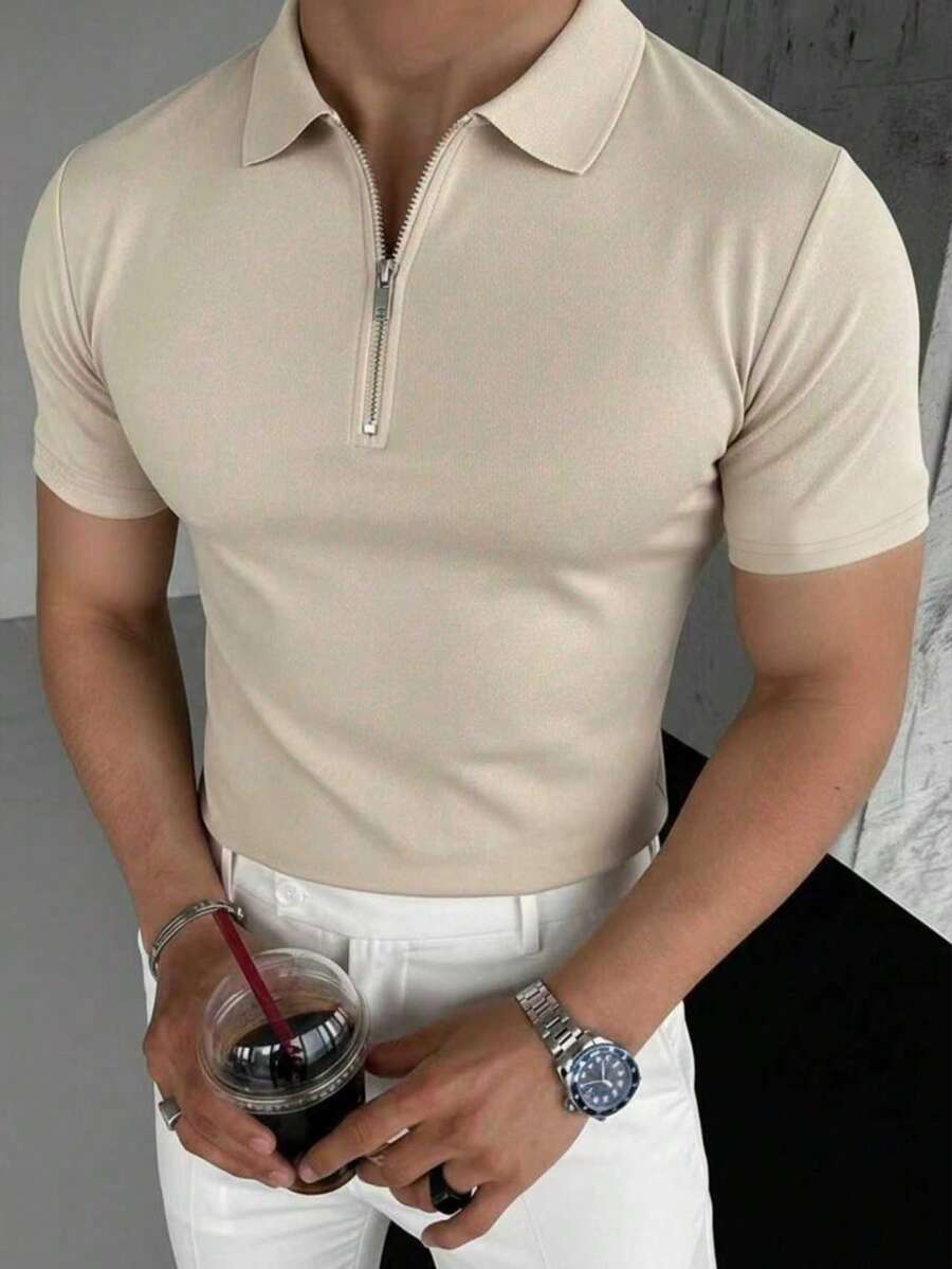 Men's Casual Solid Color Zipper Short Sleeve T-Shirt, Summer