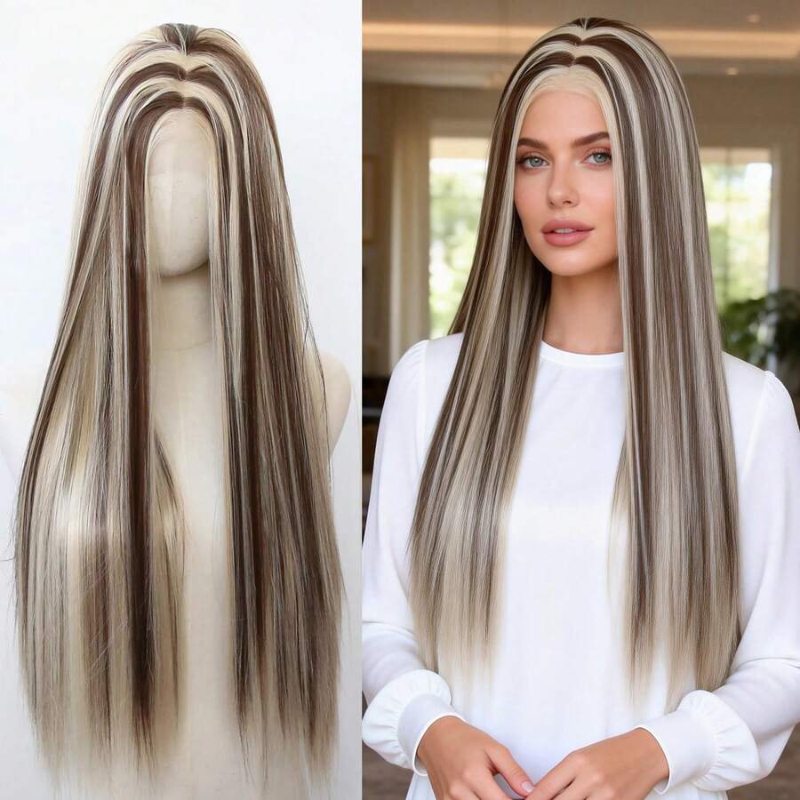 ZigZag Hair 24英寸 #613 金棕色挑染长直发合成蕾丝前假发，耐热纤维，女士款 - 彩色 - 查看 1