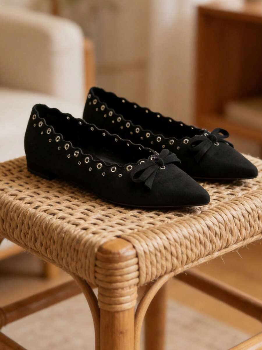 Women Point Toe Flats Low Heel Bow Knot Ballet Flats With Cut Out Grommet Details Modern Elegant Commute Wedding Ladies Flat Shoes - 黑色 - 查看 1