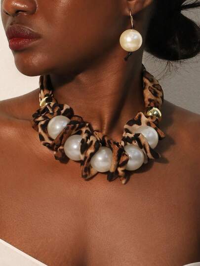 3pcs/Set Beaded Fabric Leopard Print Faux Pearl Circle Necklace & Earring Jewelry Set, Suitable For Women's Evening Party, Gathering, Vacation And Daily Wear