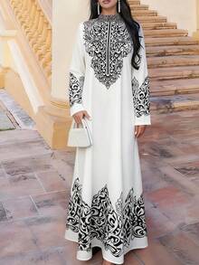 New Style Black & White Patterned Stand Collar Zip-Up Long Dress, Stand Collar Design Flatters Neckline, Loose Silhouette Suits Various Body Types, Comfortable And Stylish, Suitable For Casual Wear, Cultural Experience, Vacation, Party, And Versatile Styling Spring Elegant - Black and White - View 1